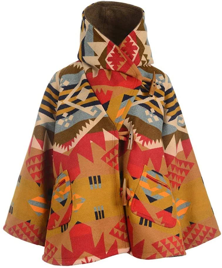 Dosoop Women Fall Winter Woolen Coat Long Sleeve Horn Buckle Vintage Retro Printed Parka Jacket Hood