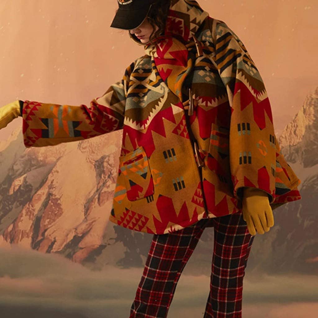 Dosoop Women Fall Winter Woolen Coat Long Sleeve Horn Buckle Vintage Retro Printed Parka Jacket Hood