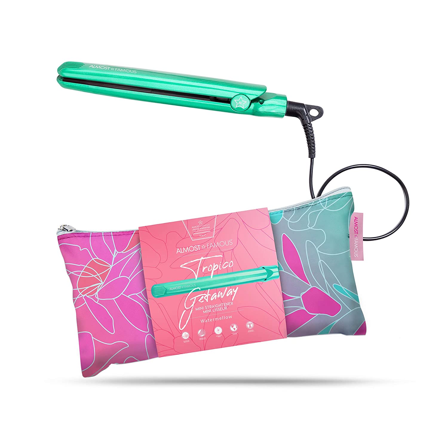 ALMOST FAMOUS Tropico Getaway 0.5 inches Mini Tourmaline & Ceramic Hair Straightener Flat Iron with