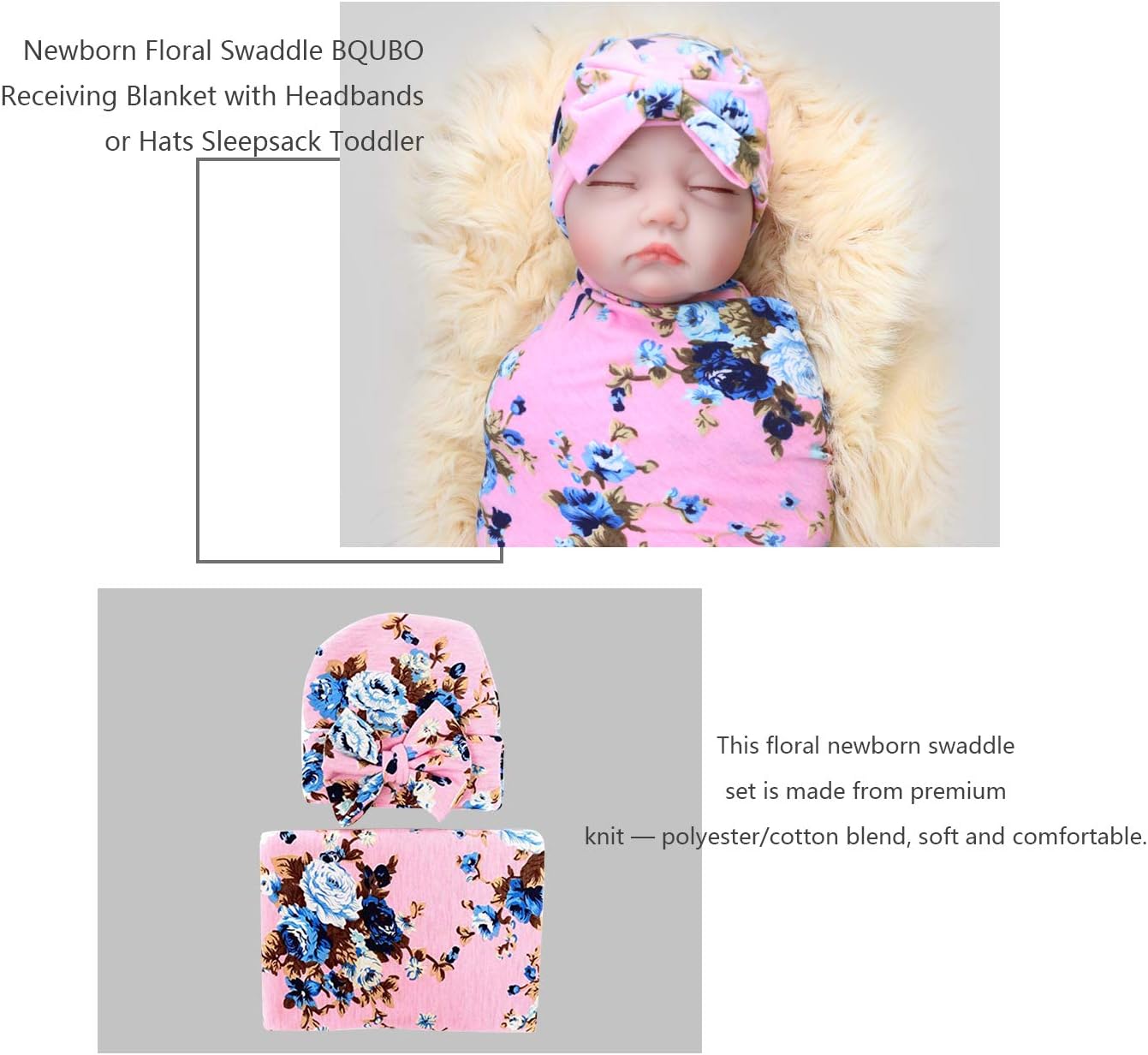 1 Pack BQUBO Newborn Floral Receiving Blankets Newborn Baby Swaddling with Headbands or Hats Sleepsa