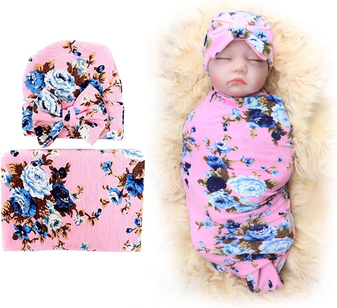 1 Pack BQUBO Newborn Floral Receiving Blankets Newborn Baby Swaddling with Headbands or Hats Sleepsa