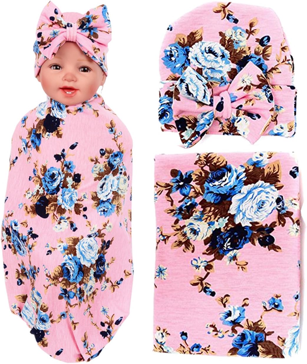 1 Pack BQUBO Newborn Floral Receiving Blankets Newborn Baby Swaddling with Headbands or Hats Sleepsa