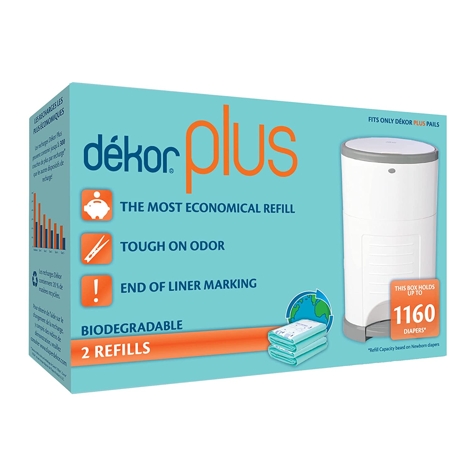 Dekor Plus Diaper Pail Biodegradable Refills | 2 Count | Most Economical Refill System | Quick and S