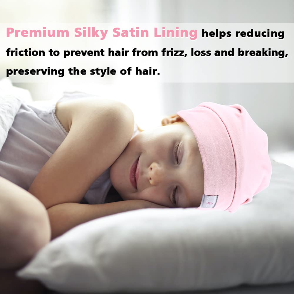 Greatremy Beanie Kids Silky Satin Lined Hair Bonnet Sleep Cap-Adjustable Elastic Band Slouchy Cotton