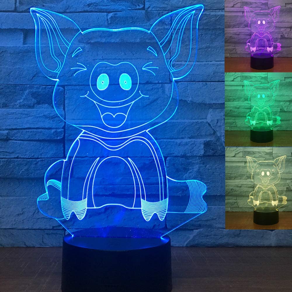Jinnwell 3D Pig Animal Night Light Lamp Illusion Night Light 7 Color Changing Touch Switch Table Des