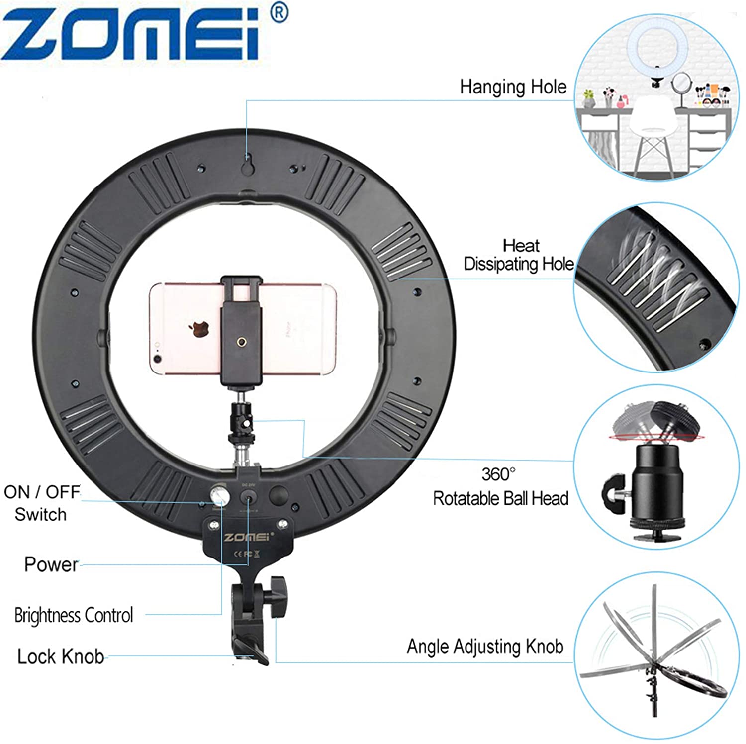 ZOMEI 14 inch LED Ring Light, Dimmable 41W 5500k Output Makeup and YouTube Video Light Professional 