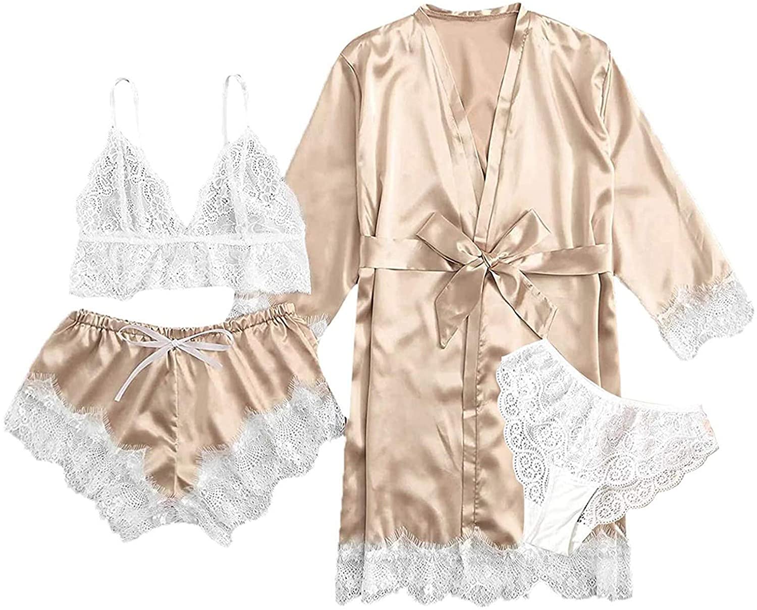 Dosoop Women Pajamas Sets, 4pcs Sexy Garter Lingerie Floral Lace Trim Satin Cami with Robe Underwear