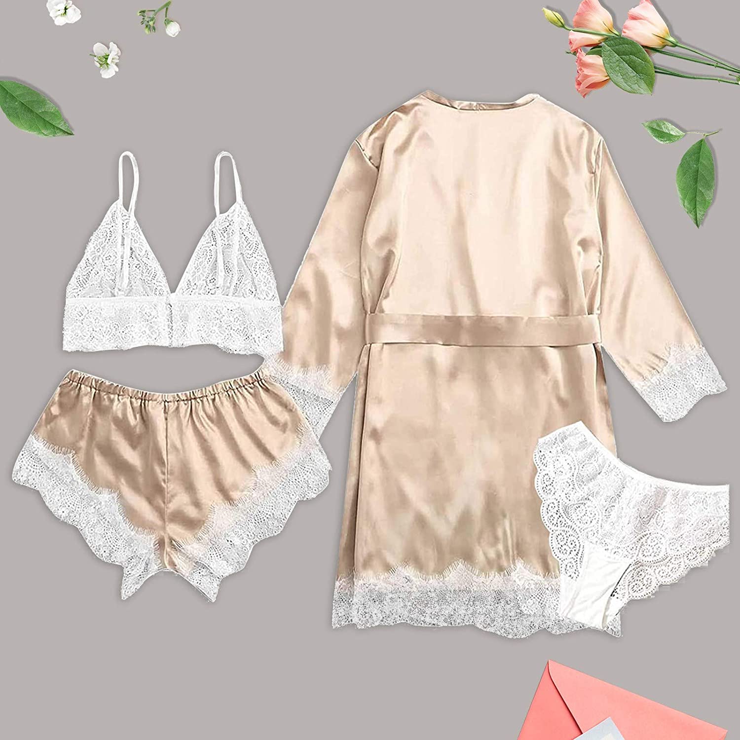 Dosoop Women Pajamas Sets, 4pcs Sexy Garter Lingerie Floral Lace Trim Satin Cami with Robe Underwear