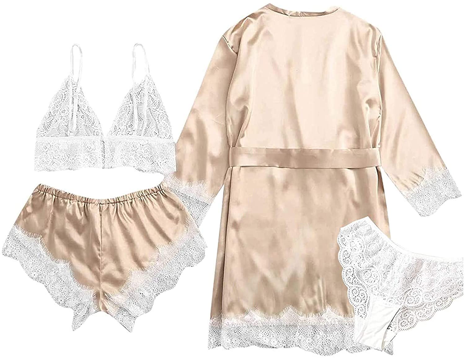 Dosoop Women Pajamas Sets, 4pcs Sexy Garter Lingerie Floral Lace Trim Satin Cami with Robe Underwear