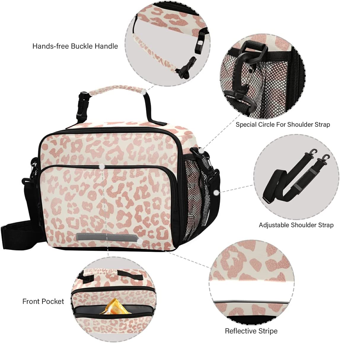 Rose Gold Leopard Print Cheetah Lucn Bag for Women Girl,Cute Kids Reusable Cooler Lunch Tote Bag Ins