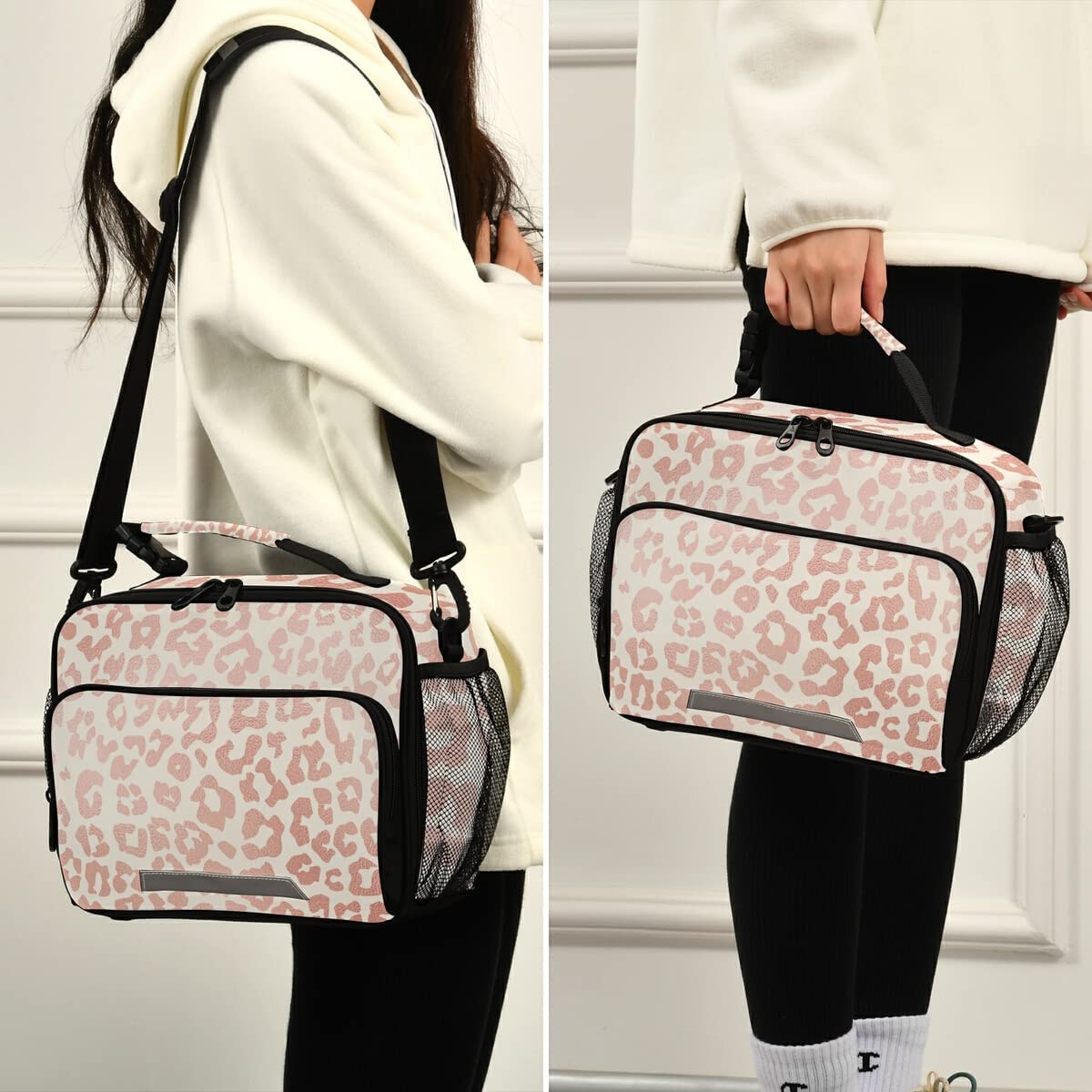 Rose Gold Leopard Print Cheetah Lucn Bag for Women Girl,Cute Kids Reusable Cooler Lunch Tote Bag Ins