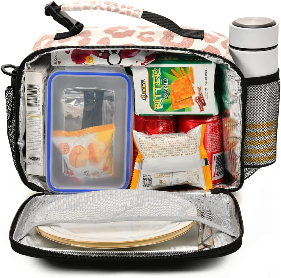 Rose Gold Leopard Print Cheetah Lucn Bag for Women Girl,Cute Kids Reusable Cooler Lunch Tote Bag Ins