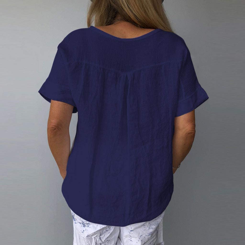 Dosoop Sunflower Print Linen Shirts Women Summer Short Sleeve Basic V Neck Loose Casual Tops T-Shirt