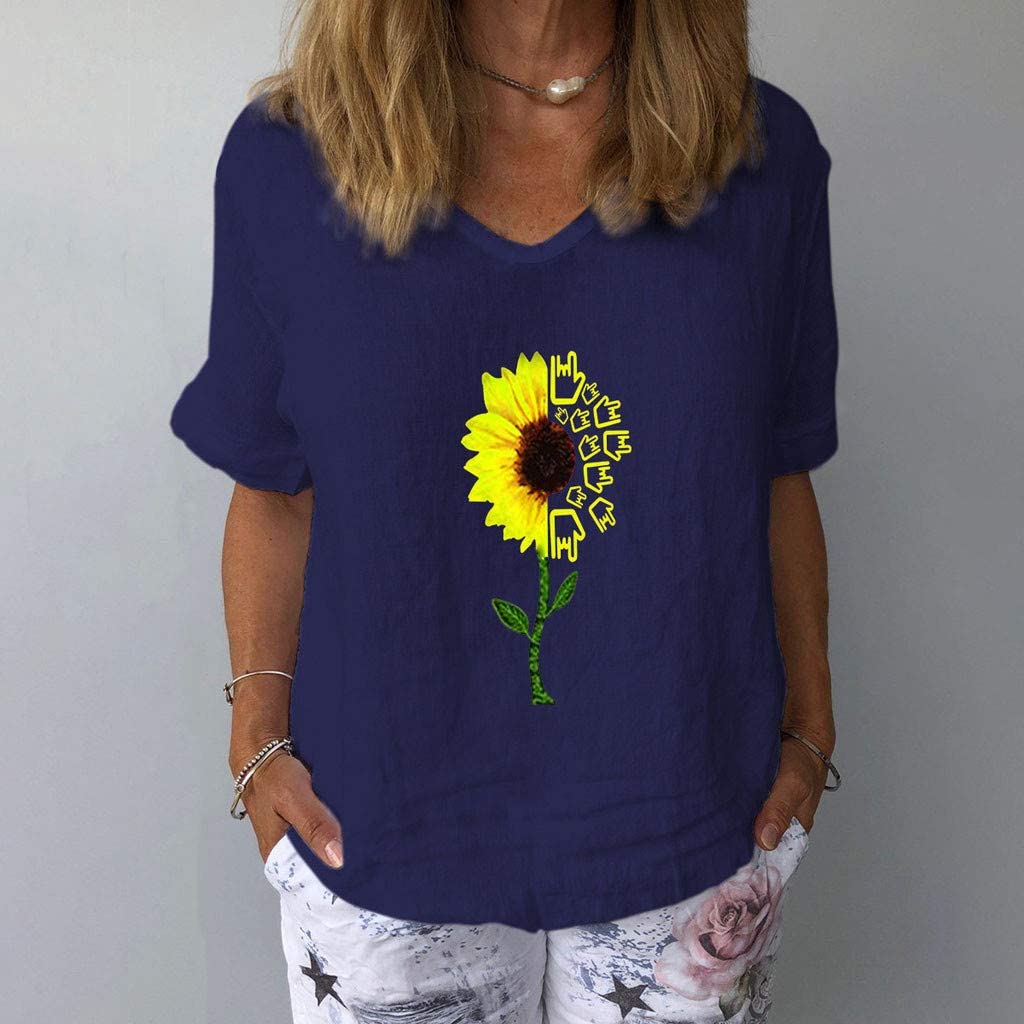 Dosoop Sunflower Print Linen Shirts Women Summer Short Sleeve Basic V Neck Loose Casual Tops T-Shirt