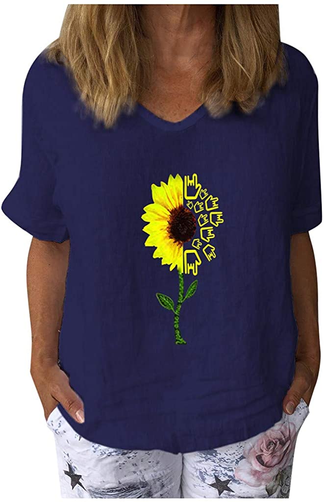 Dosoop Sunflower Print Linen Shirts Women Summer Short Sleeve Basic V Neck Loose Casual Tops T-Shirt