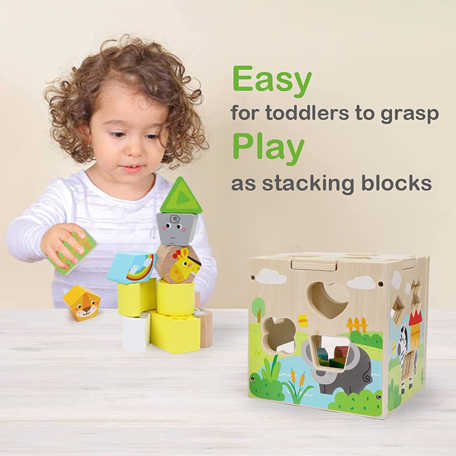 Aomola Wood Shape Sorter Cube Toys with 15 Wooden Shape Blocks and Sorting Box,Learning Matching Gam