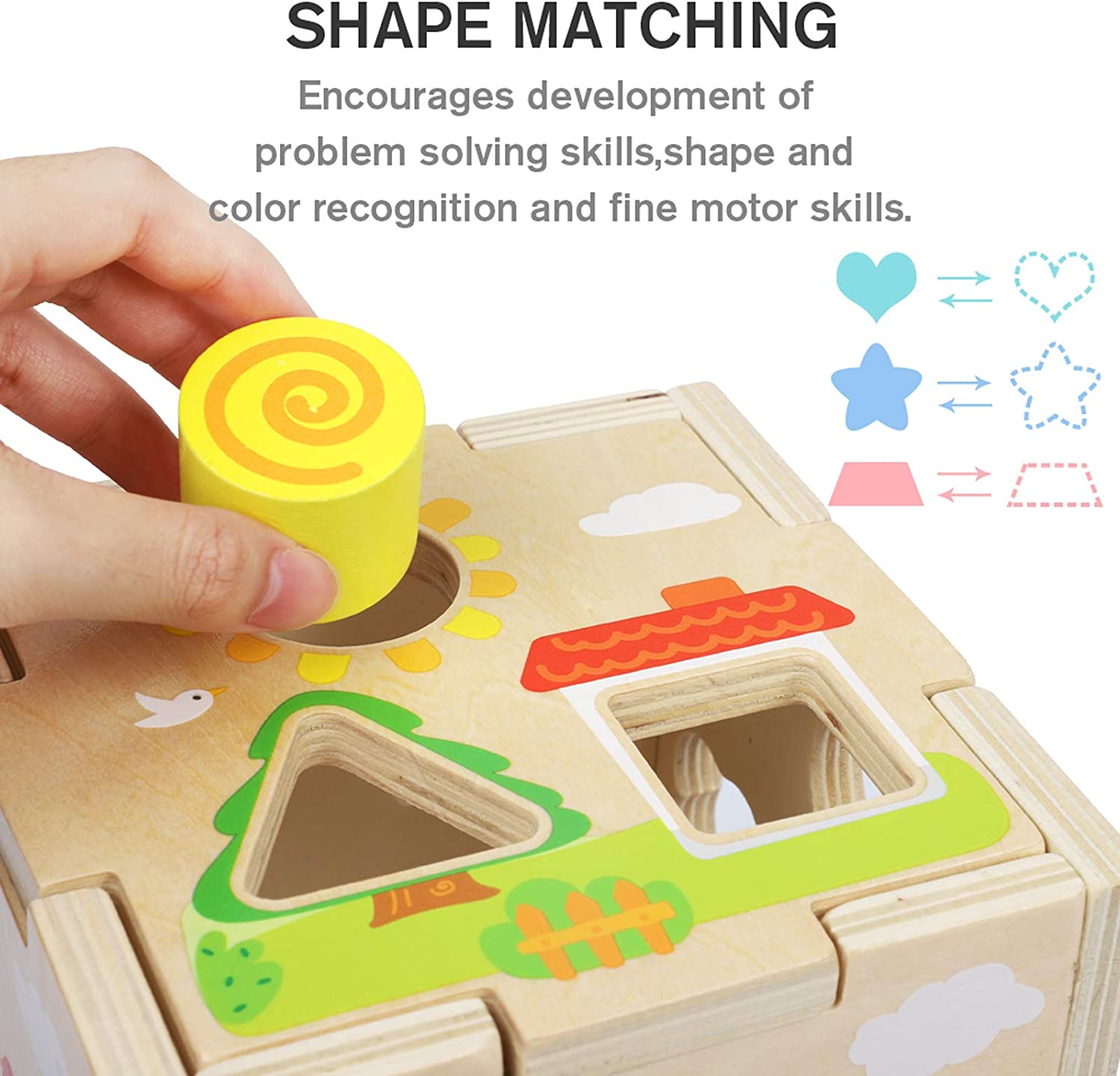 Aomola Wood Shape Sorter Cube Toys with 15 Wooden Shape Blocks and Sorting Box,Learning Matching Gam