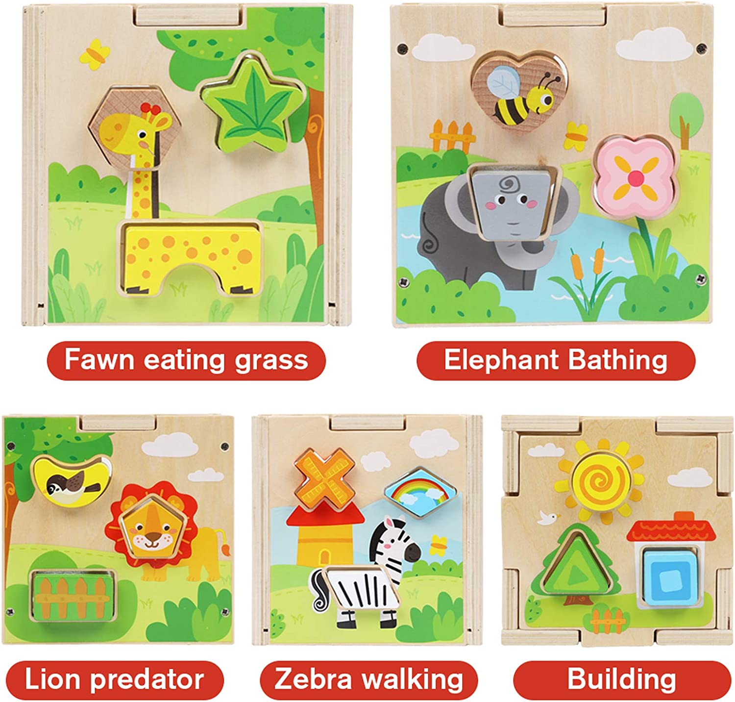 Aomola Wood Shape Sorter Cube Toys with 15 Wooden Shape Blocks and Sorting Box,Learning Matching Gam