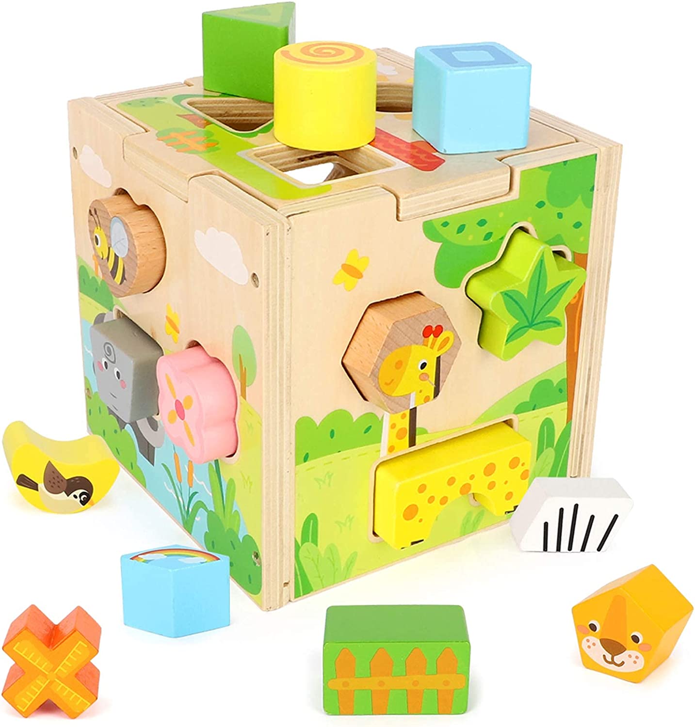Aomola Wood Shape Sorter Cube Toys with 15 Wooden Shape Blocks and