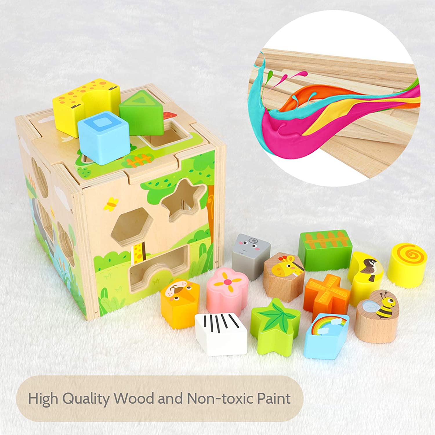 Aomola Wood Shape Sorter Cube Toys with 15 Wooden Shape Blocks and Sorting Box,Learning Matching Gam