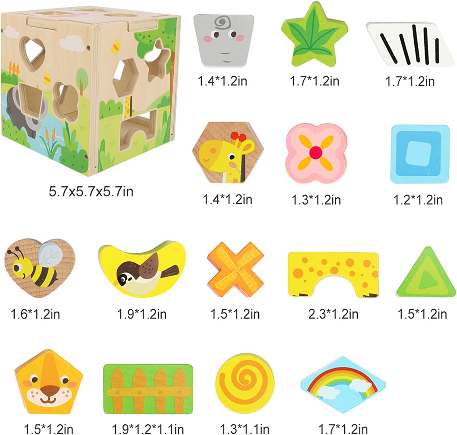 Aomola Wood Shape Sorter Cube Toys with 15 Wooden Shape Blocks and Sorting Box,Learning Matching Gam