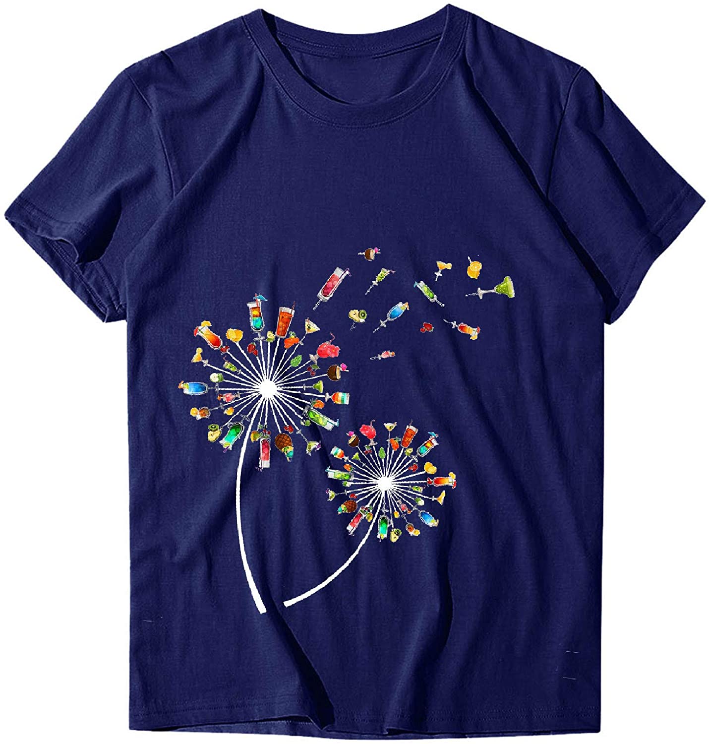 Dosoop Womens Short Sleeve Tops T-Shirts Casual Loose Fit Dandelion Print Graphic O-Neck Tees Shirts