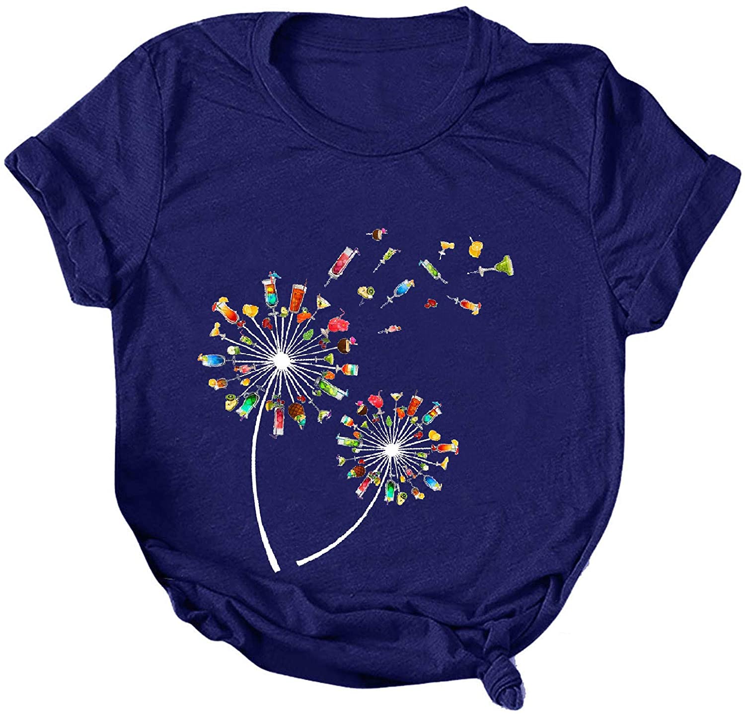 Dosoop Womens Short Sleeve Tops T-Shirts Casual Loose Fit Dandelion Print Graphic O-Neck Tees Shirts