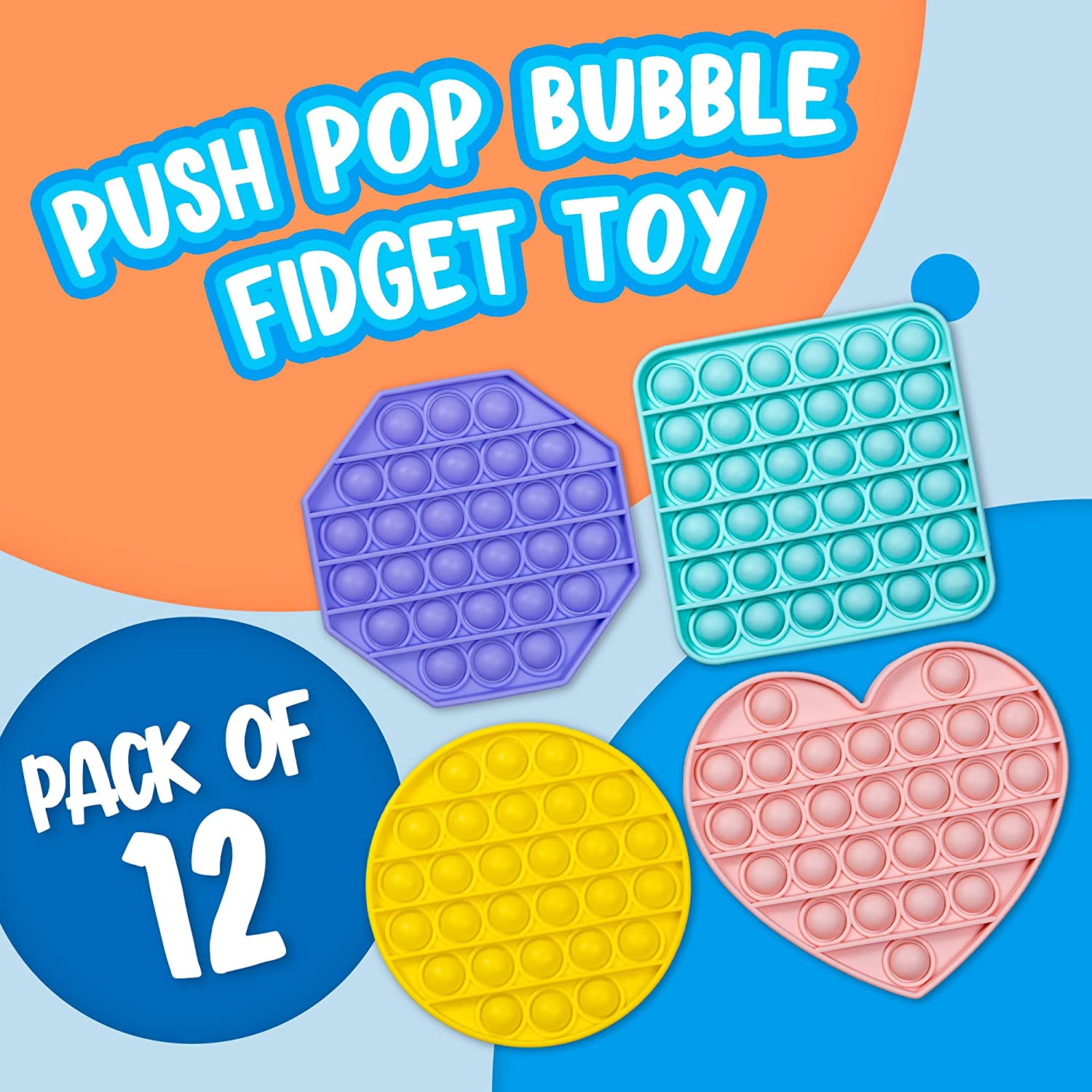 Push Pop Bubble Sensory Fidget Toy, 12-Pack Poppers Fidget Toy, Square, Heart, Round, Octagon, Paste