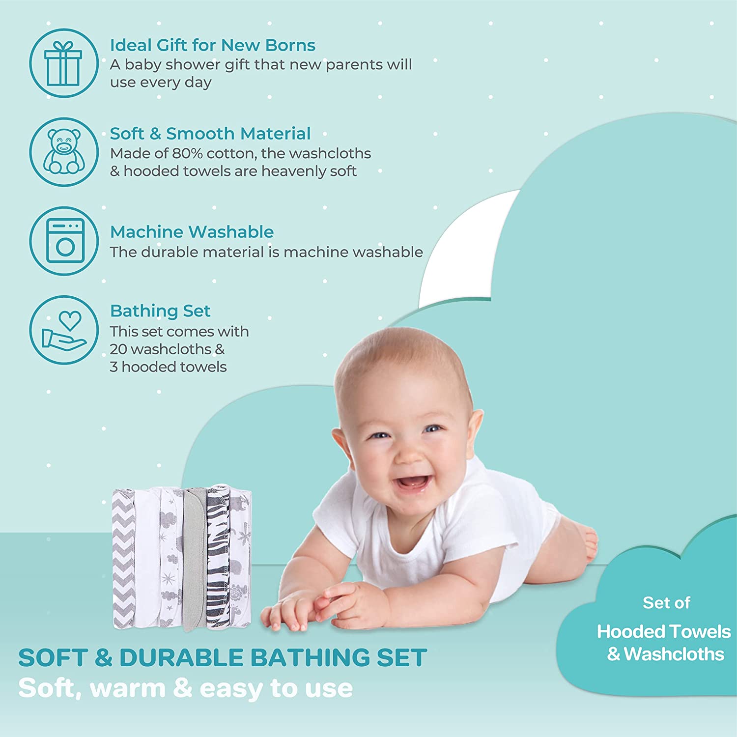 Spasilk Baby 23 Piece Bath Hooded Towels & Washcloths Set for Newborn Boys & Girls, White Zebra