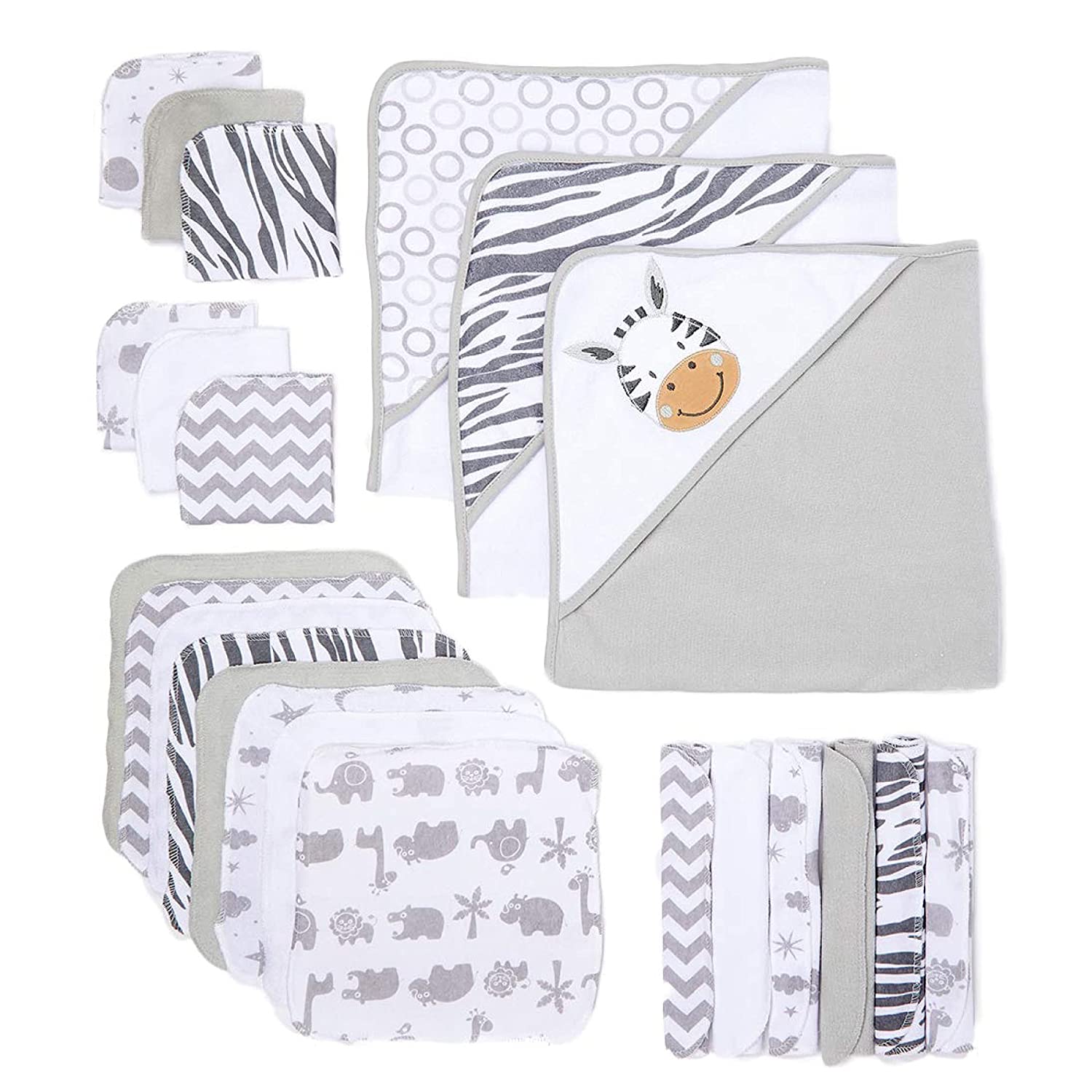 Spasilk Baby 23 Piece Bath Hooded Towels & Washcloths Set for Newborn Boys & Girls, White Zebra