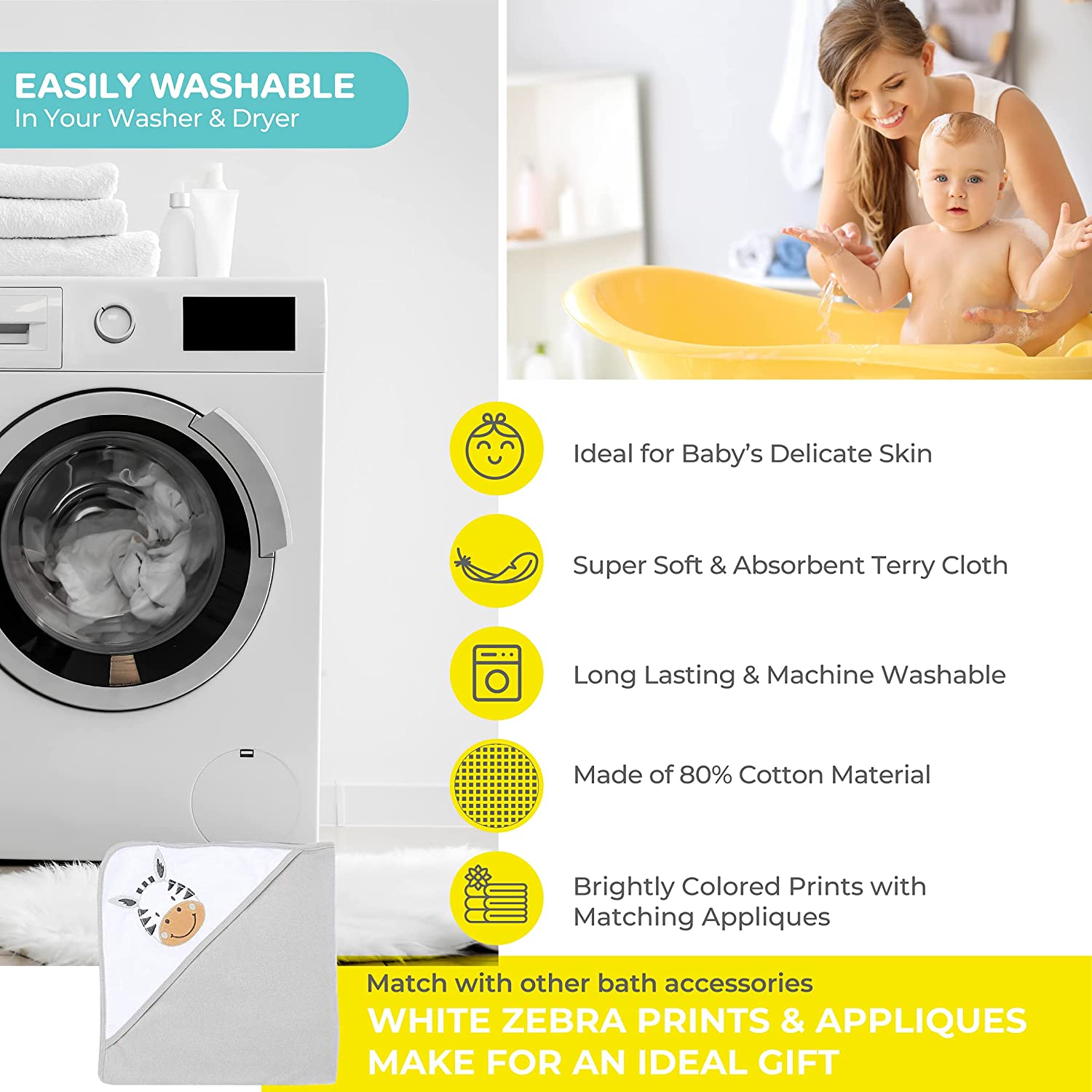 Spasilk Baby 23 Piece Bath Hooded Towels & Washcloths Set for Newborn Boys & Girls, White Zebra