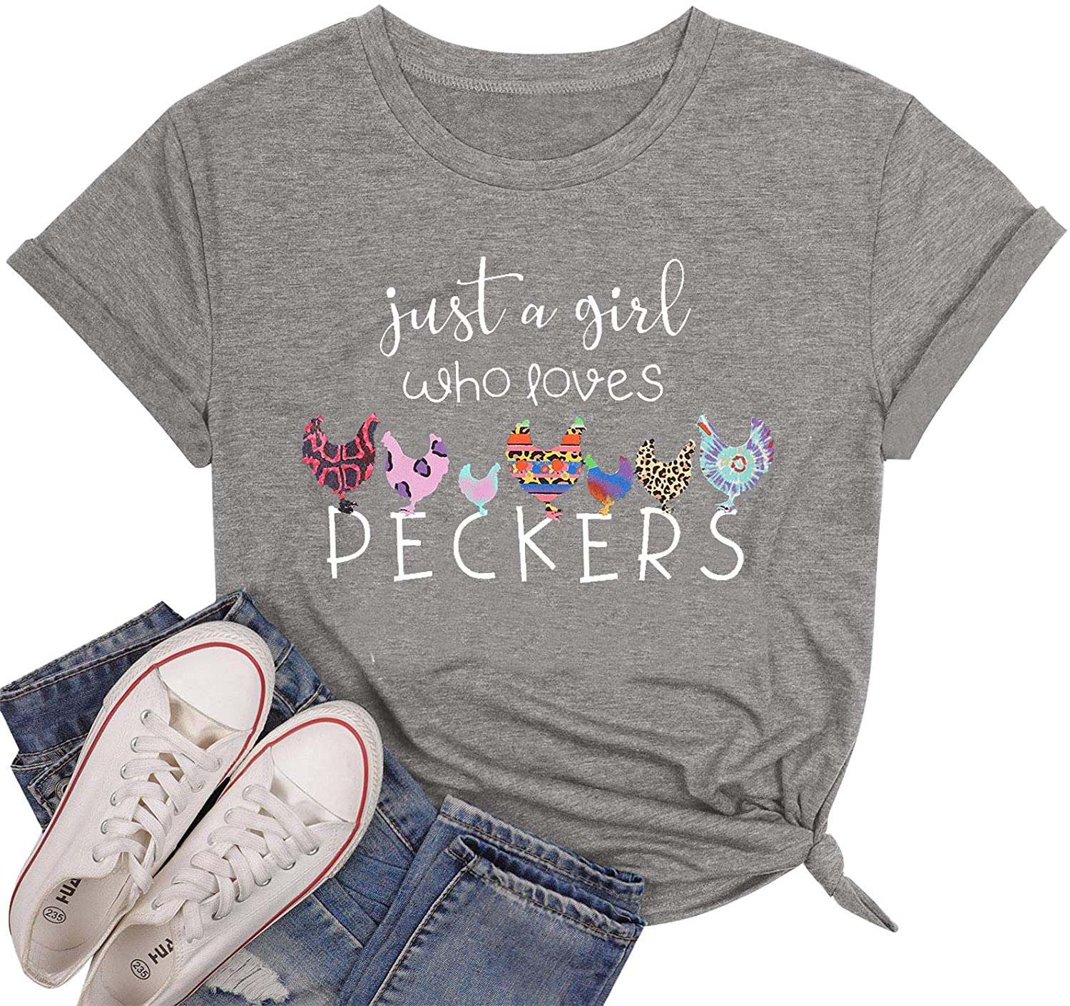 Dosoop Just A Girl Who Loves Peckers Letter Print Short Sleeve T Shirt Casual Novelty Graphic Women