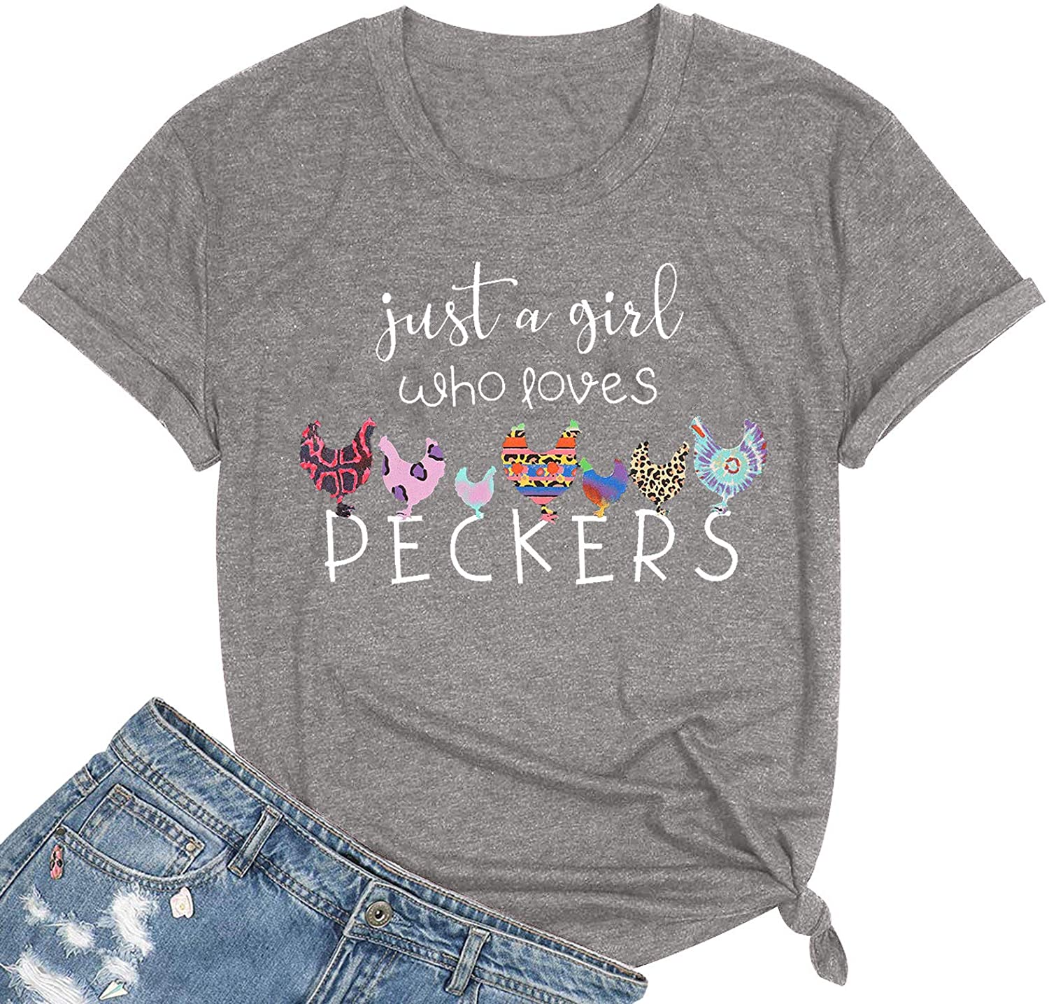 Dosoop Just A Girl Who Loves Peckers Letter Print Short Sleeve T Shirt Casual Novelty Graphic Women