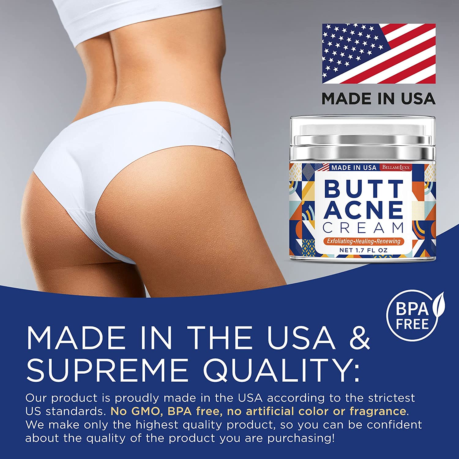 Butt Acne Clearing Cream, Thigh Acne Clearing treatment, Made in USA, Clears Acne, Pimples, and Dark