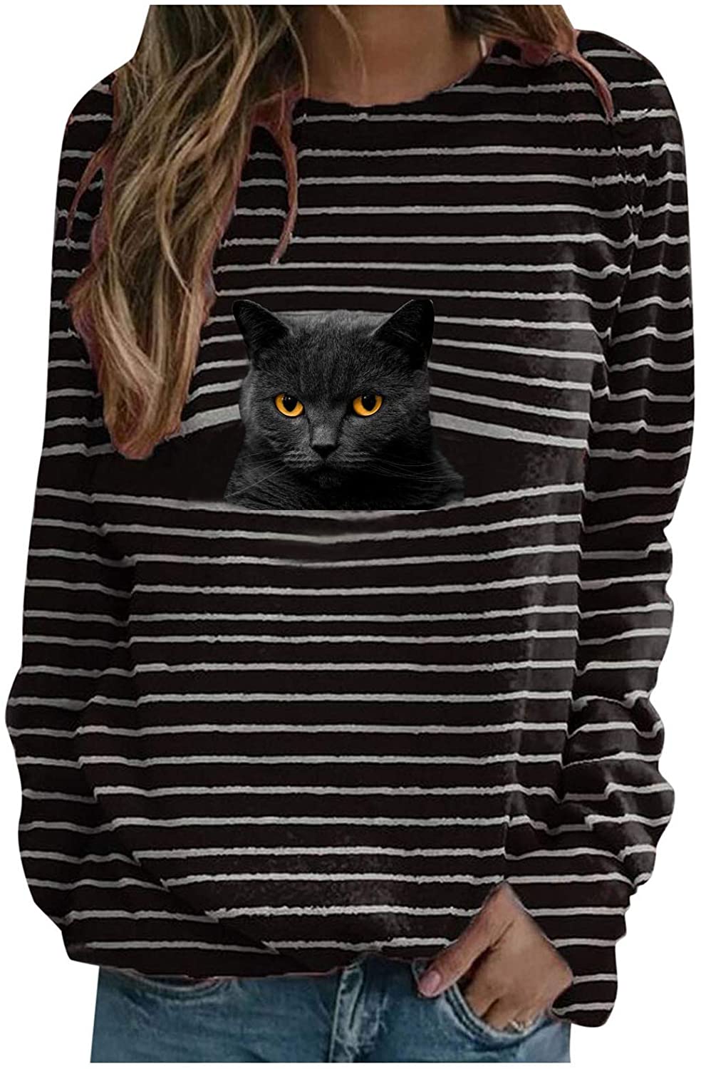 Dosoop Women Long Sleeve Tshirts Black 3D Cat Striped Shutters Print Casual Crewneck Teen Girls Juni