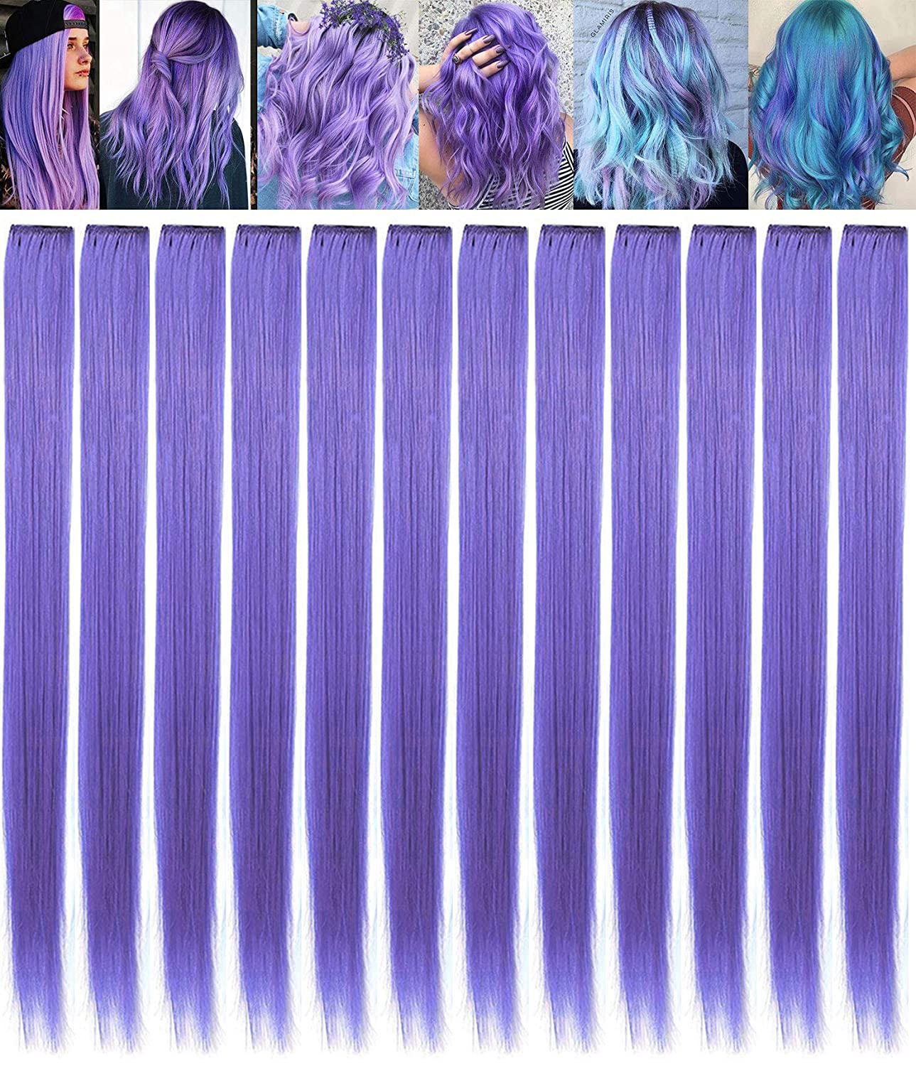 Lavender Hairpieces for Kids Highlights Straight Clip in Colored or Colorful Hair Extensions for Gir