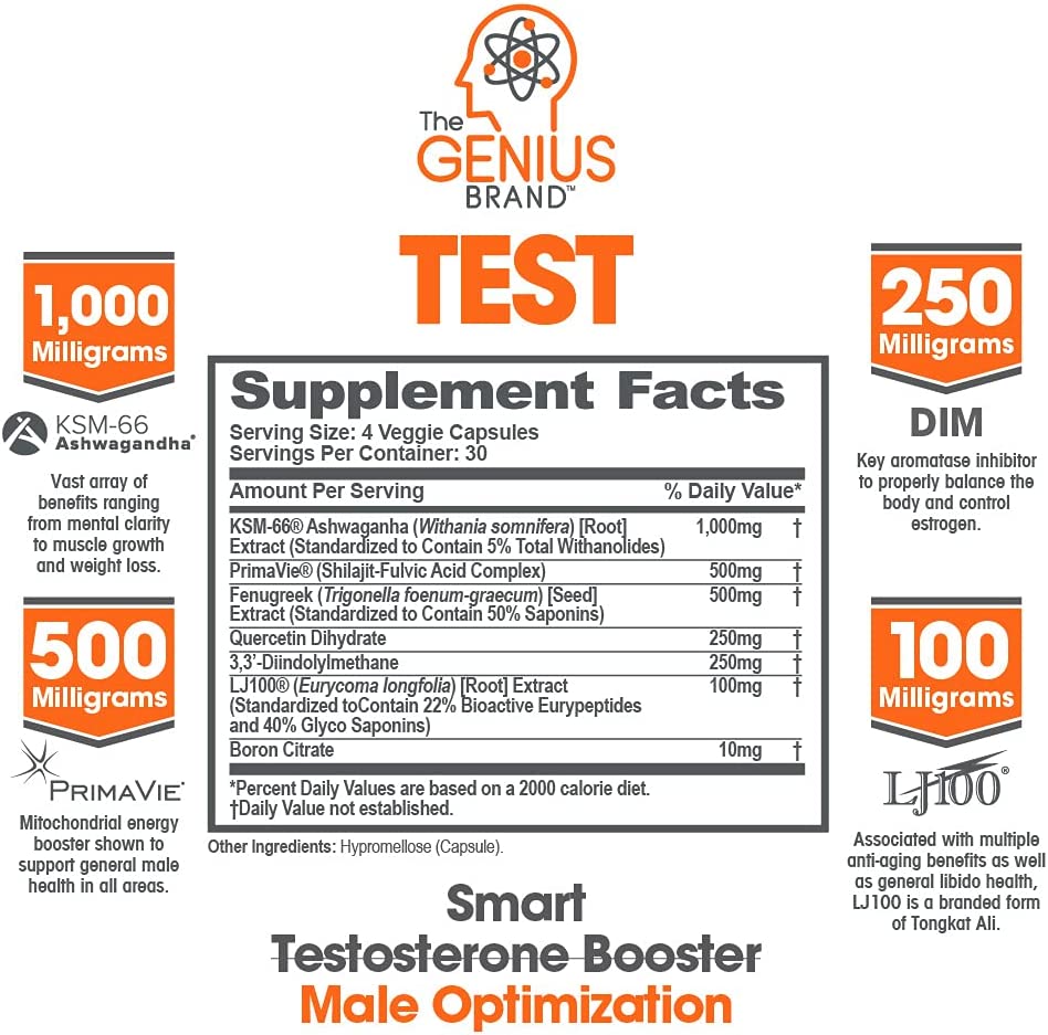 Genius Test - The Smart Testosterone Booster For Men | Natural Energy Supplement, Brain & Libido Sup