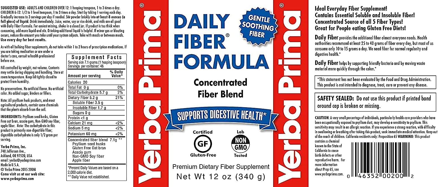Yerba Prima Daily Fiber Formula Powder - 12 oz (Pack of 4) - Soluble & Insoluble Dietary Fiber Suppl