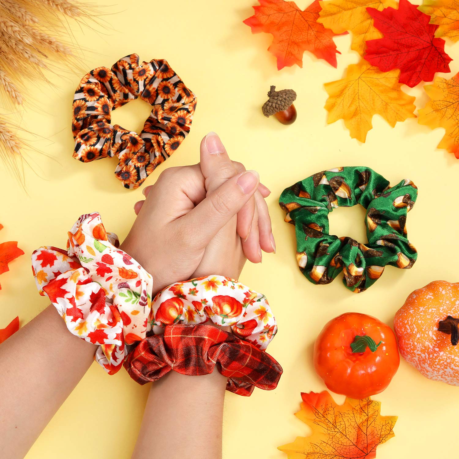 6 Pieces Fall Hair Scrunchies Autumn Hair Accessories Velvet Scrunchy Maple Leaves Pumpkin Hair Ties