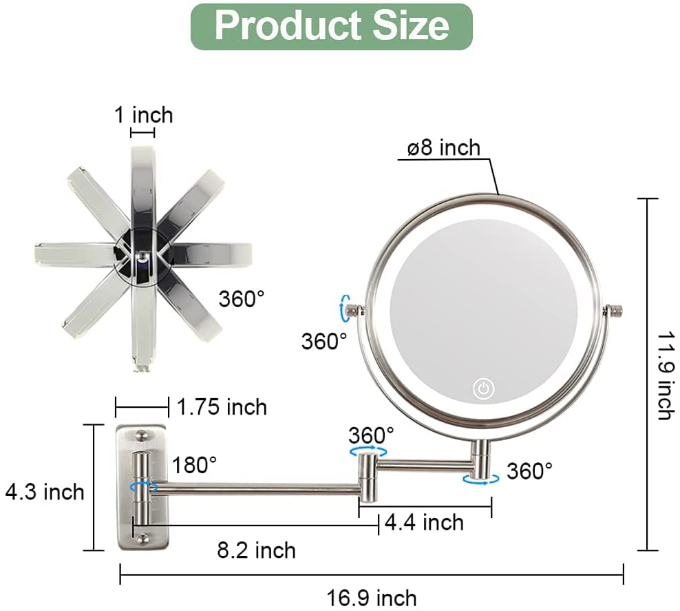 Wall Mounted Lighted Makeup Mirror 10X LED Magnifying Mirror with 3 Color Lights, Double Sided, Touc