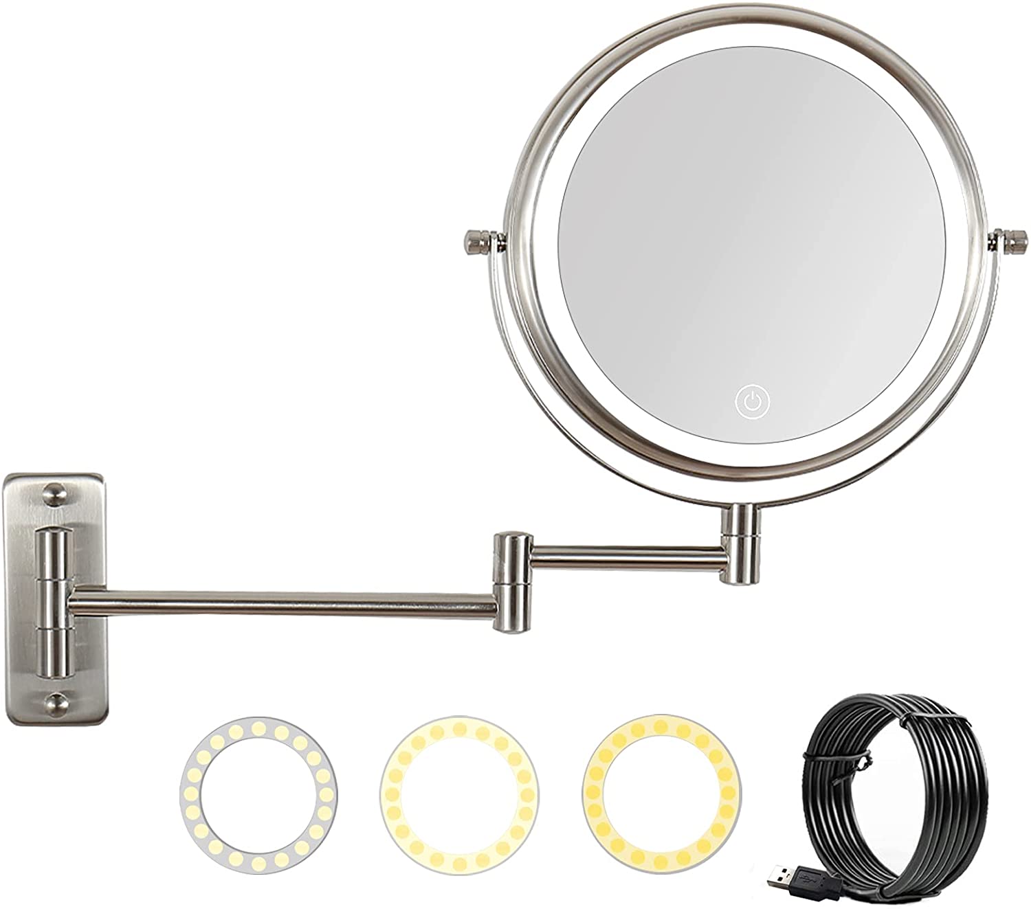 Wall Mounted Lighted Makeup Mirror 10X LED Magnifying Mirror with 3 Color Lights, Double Sided, Touc