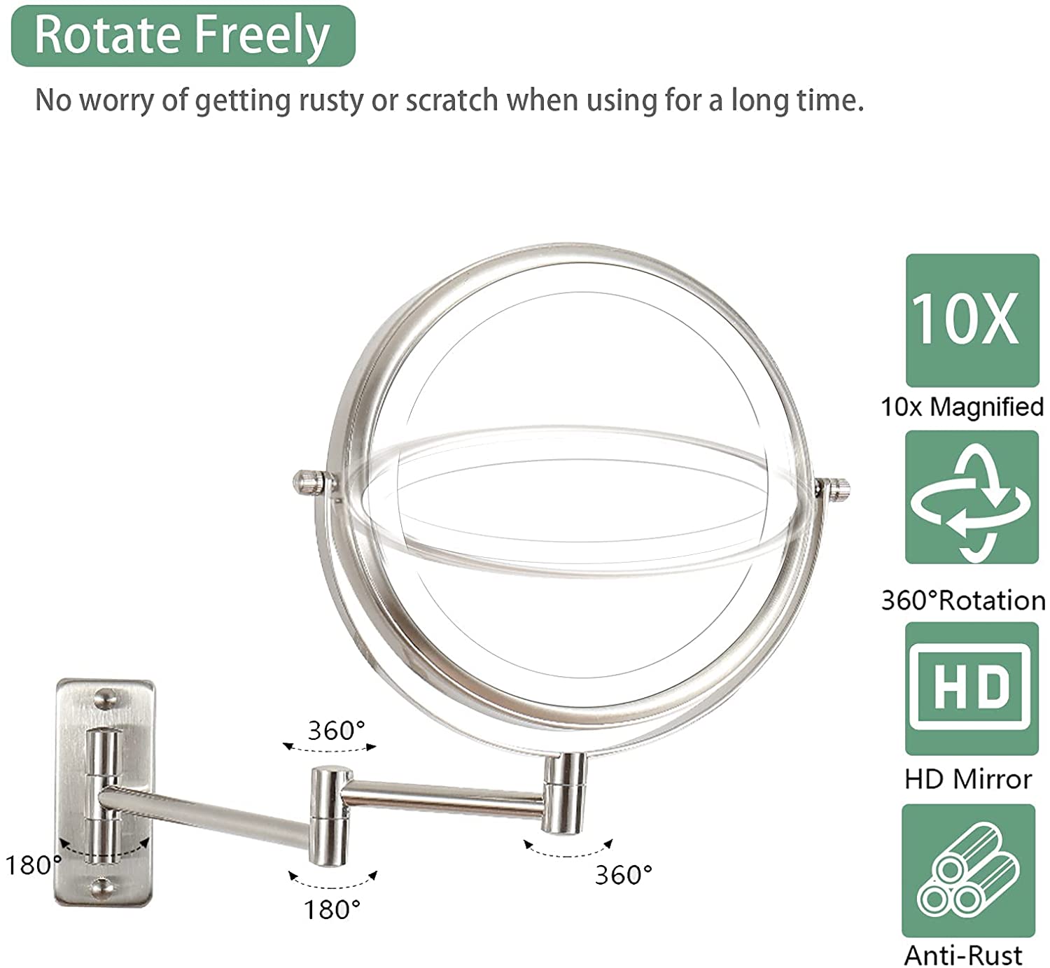 Wall Mounted Lighted Makeup Mirror 10X LED Magnifying Mirror with 3 Color Lights, Double Sided, Touc