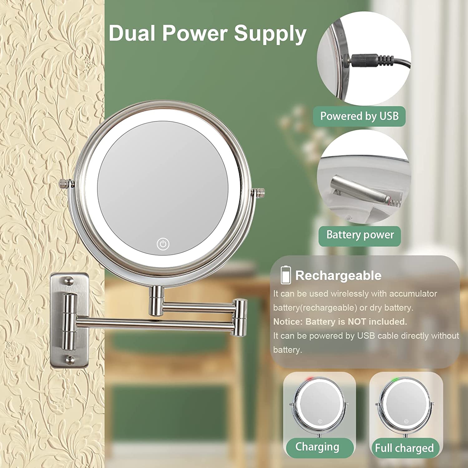 Wall Mounted Lighted Makeup Mirror 10X LED Magnifying Mirror with 3 Color Lights, Double Sided, Touc