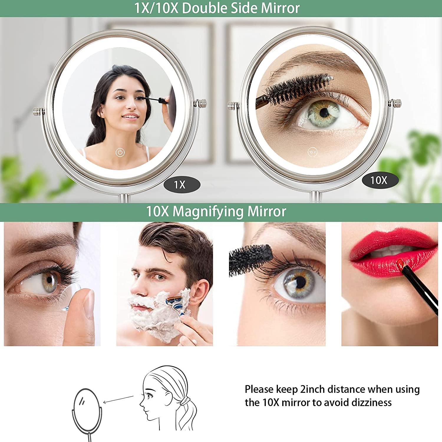 Wall Mounted Lighted Makeup Mirror 10X LED Magnifying Mirror with 3 Color Lights, Double Sided, Touc