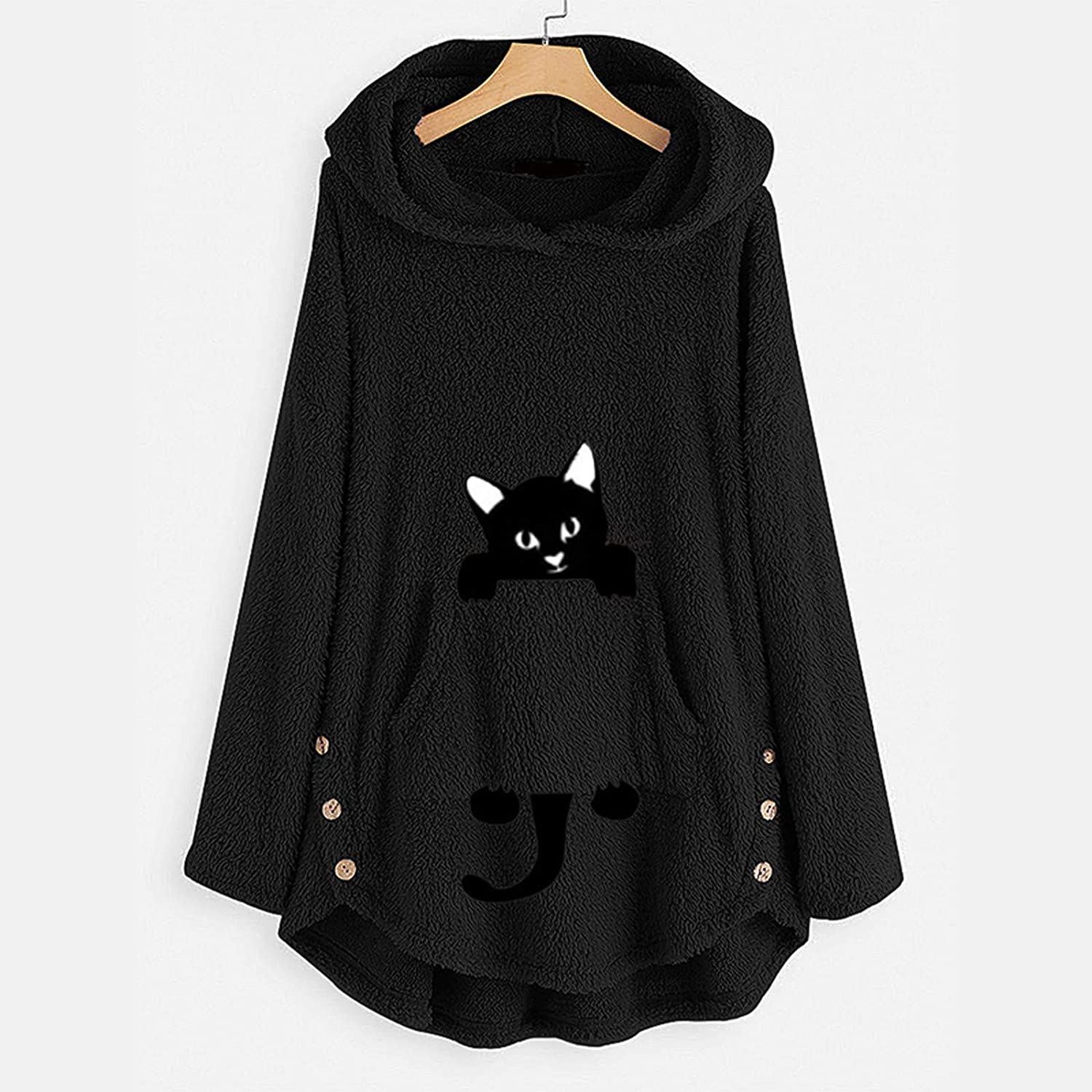 Dosoop Womens Fleece Warm Hoodie Fleece Pullover Autumn Winter Plush Cat Embroidery Plus Size Hooded