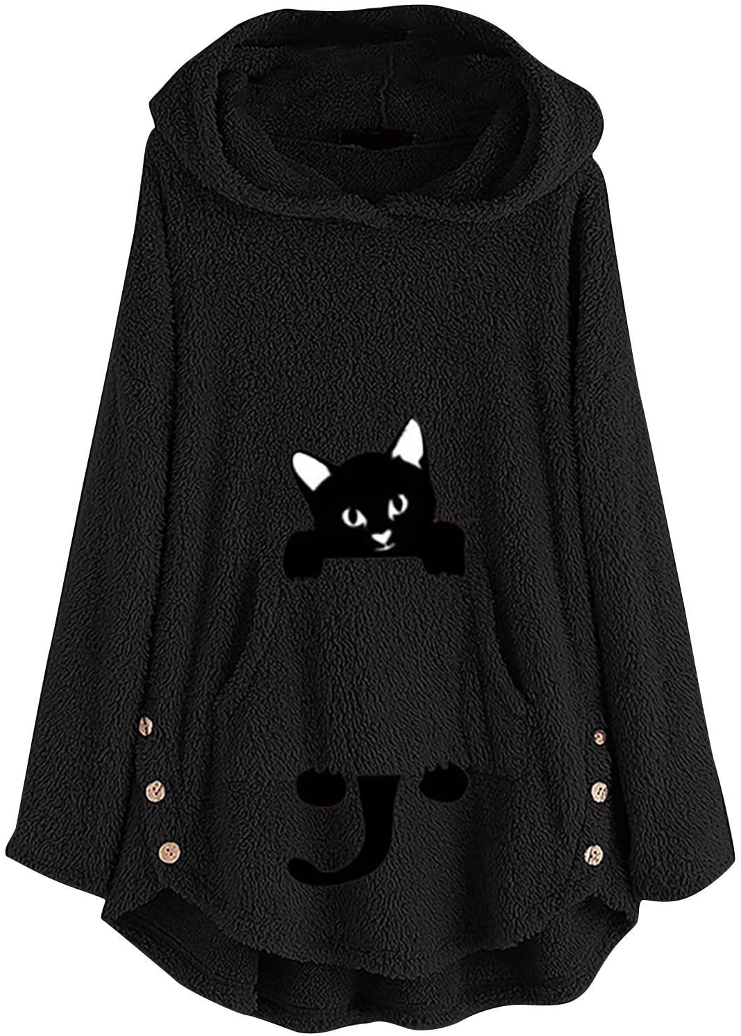 Dosoop Womens Fleece Warm Hoodie Fleece Pullover Autumn Winter Plush Cat Embroidery Plus Size Hooded