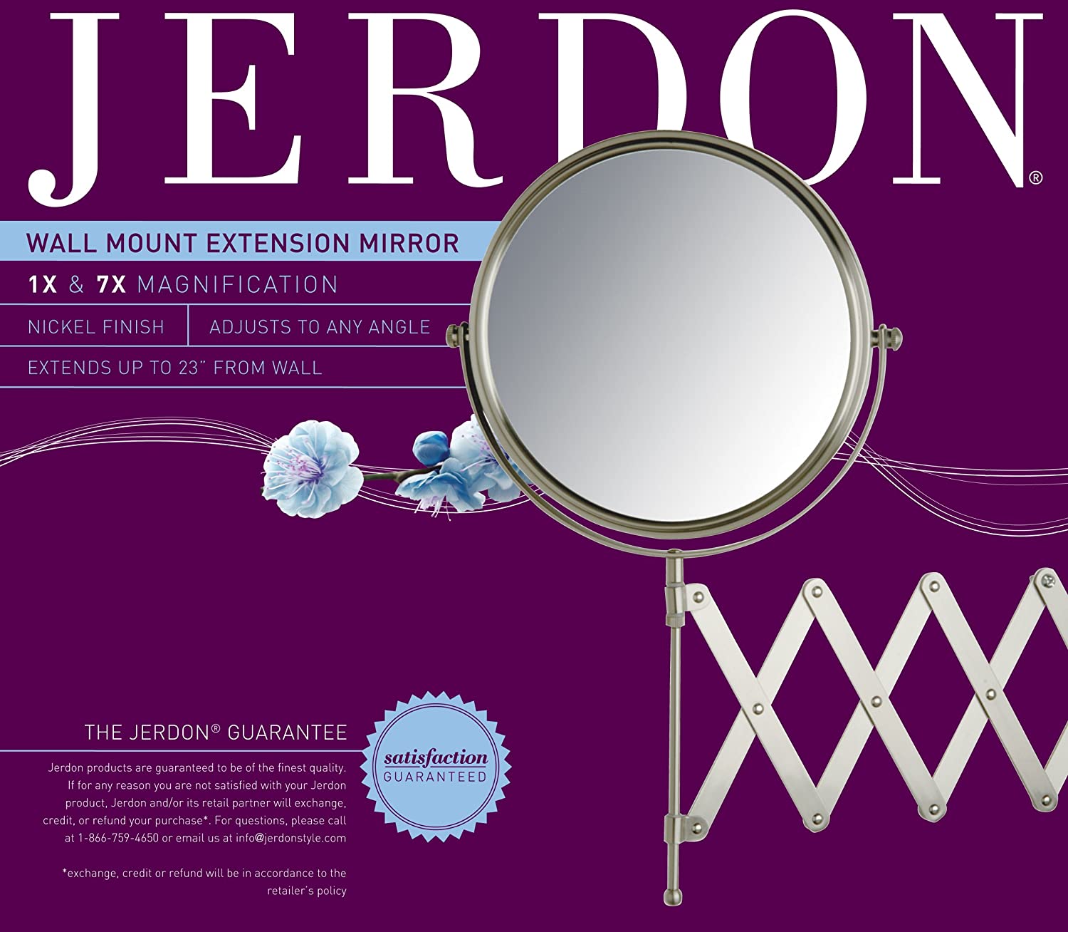 Jerdon 8-Inch Wall Mount Makeup Mirror with 7x Magnification, Nickel Finish