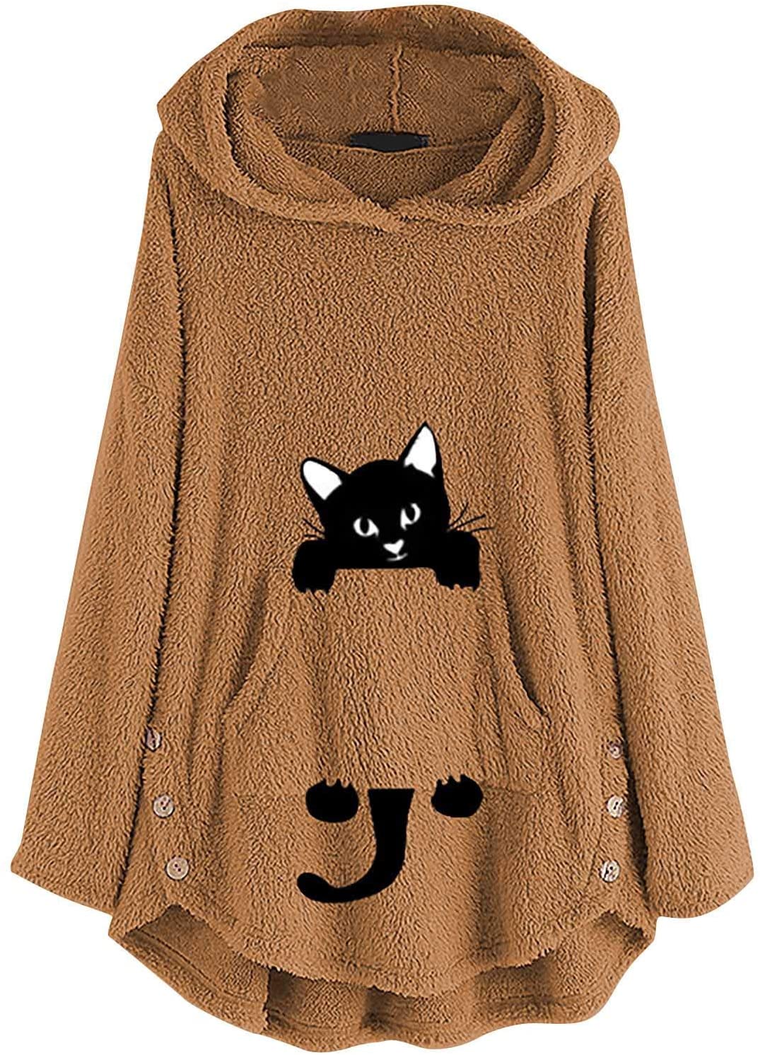 Dosoop Womens Fleece Warm Hoodie Fleece Pullover Autumn Winter Plush Cat Embroidery Plus Size Hooded