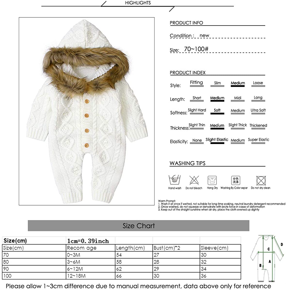 oenbopo Baby Jumpsuit Toddler Long Sleeve Knitwear Hooded Bodysuit Hoodie Button Playsuit Outfit Clo