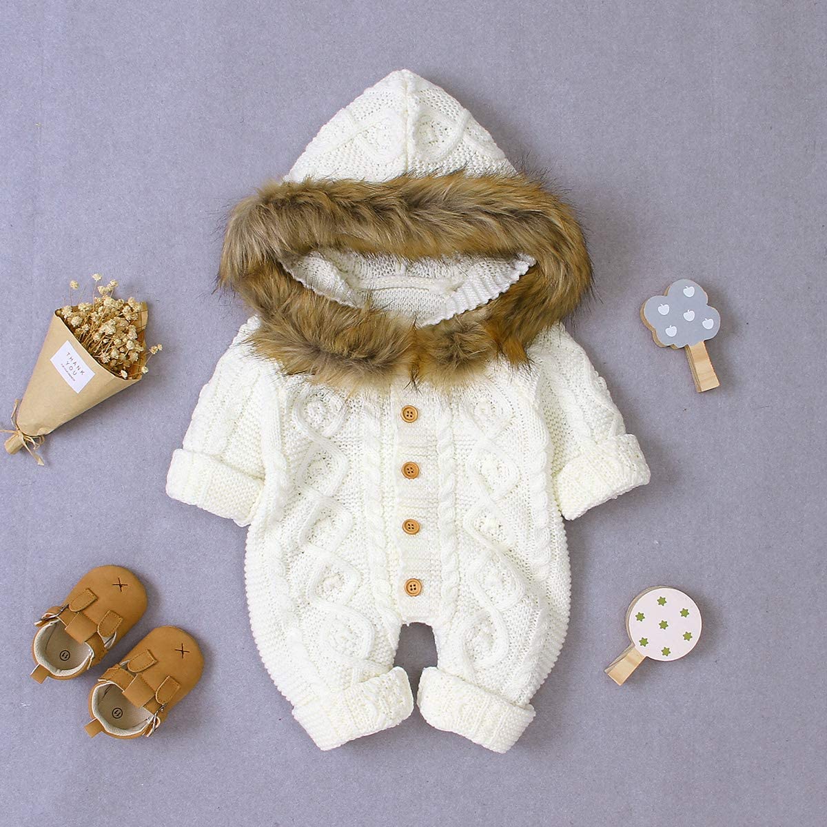 oenbopo Baby Jumpsuit Toddler Long Sleeve Knitwear Hooded Bodysuit Hoodie Button Playsuit Outfit Clo